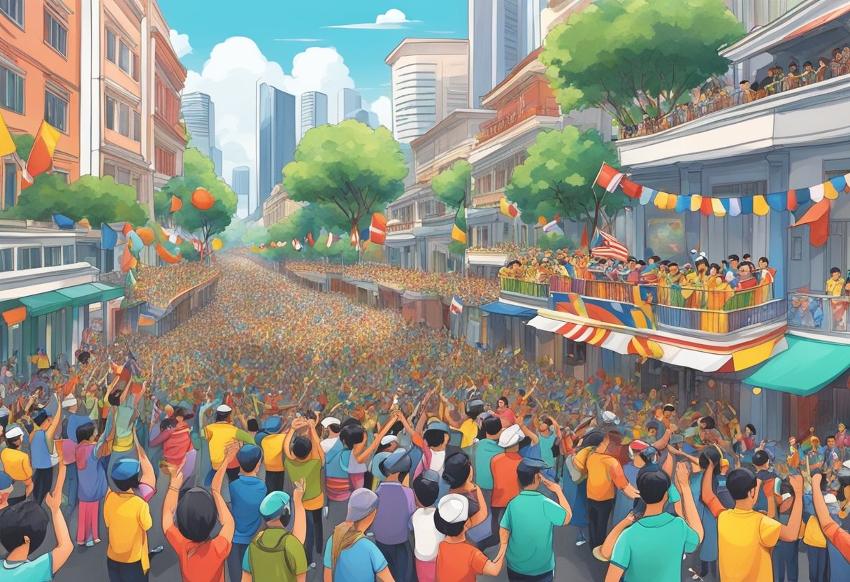 A colorful parade fills the streets of Singapore, with floats, dancers, and marching bands. The crowd cheers as patriotic music fills the air