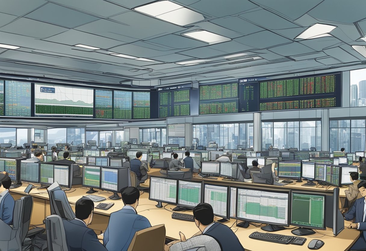 Various financial instruments and services, such as stocks, bonds, and derivatives, are being traded on the Singapore Exchange. The bustling trading floor is filled with traders and brokers executing transactions