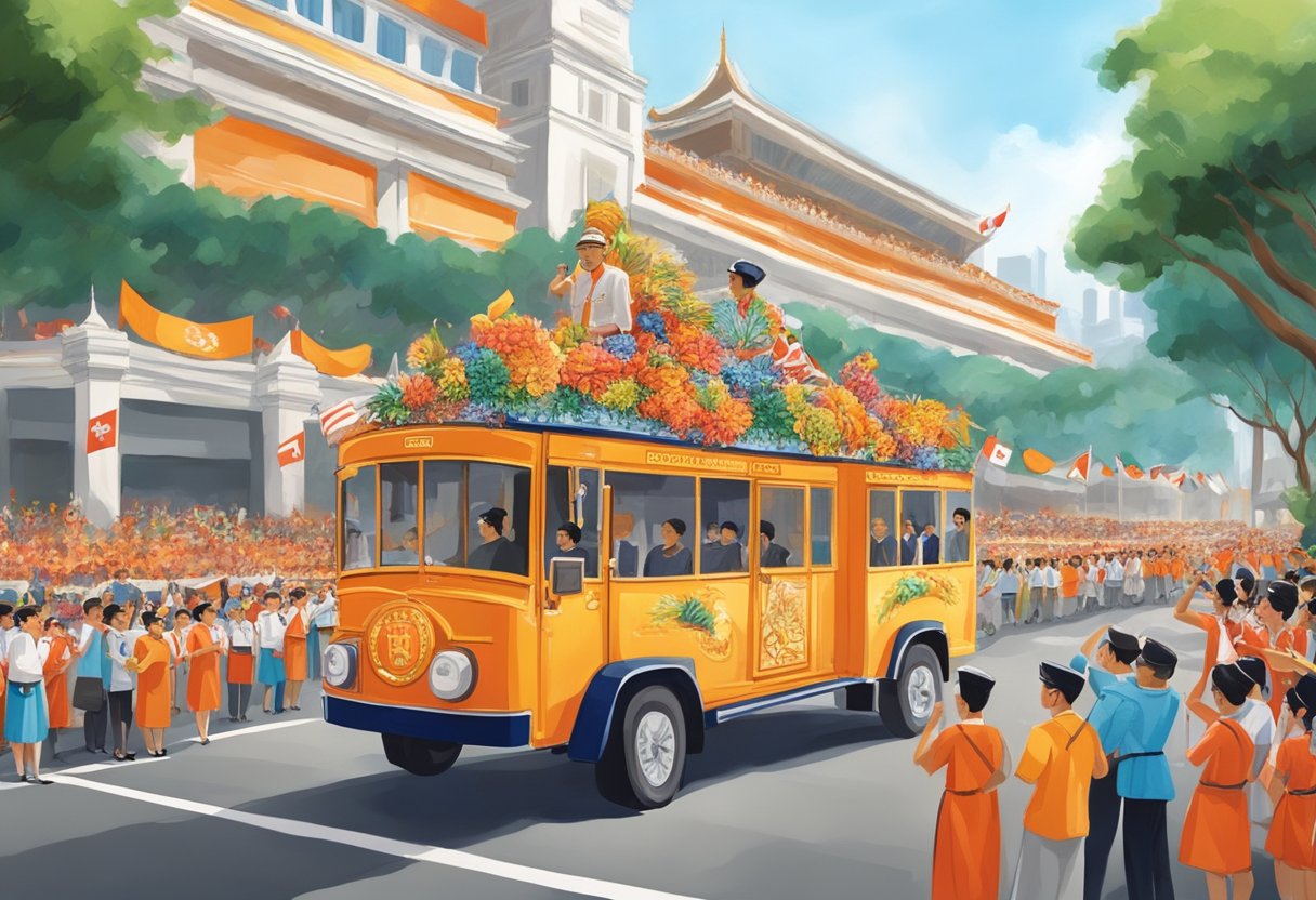 The Singapore NDP parade showcases historical events and cultural significance through colorful floats and lively performances