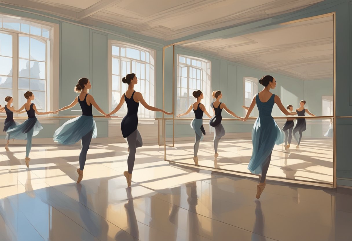 Dancers move gracefully in a spacious, well-lit studio. Mirrors line the walls, reflecting their fluid movements as they practice