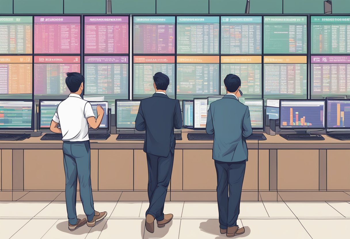 People browsing FAQ boards at a Singapore exchange