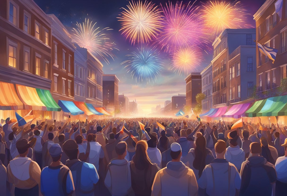 Colorful floats move through city streets, accompanied by marching bands and dancers. Spectators line the sidewalks, waving flags and cheering. Bright fireworks light up the sky