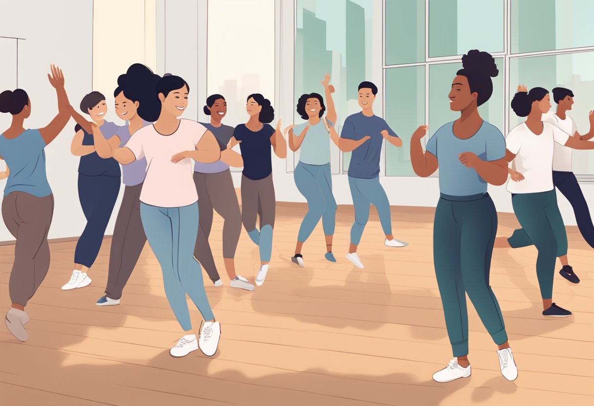 A group of diverse individuals engage in dance classes in Singapore, with an instructor leading the session and participants following along in a studio setting