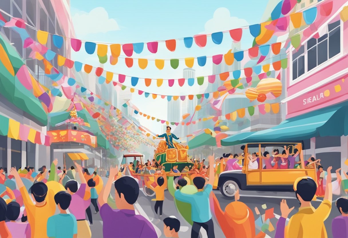 A colorful parade of floats and performers moving through the streets of Singapore, with crowds of people cheering and waving flags