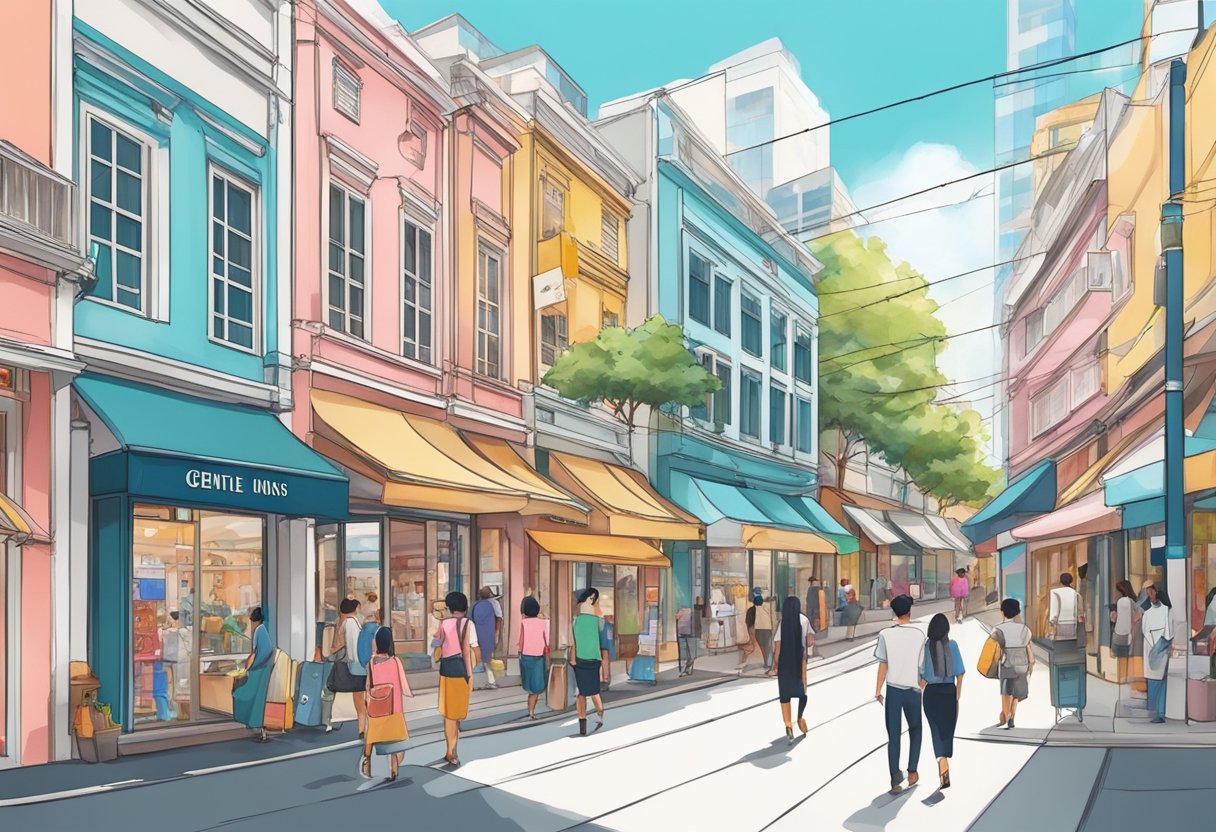 A bustling street in Singapore, with colorful storefronts and curious passersby, leading to a sleek and modern Gentle Monster store