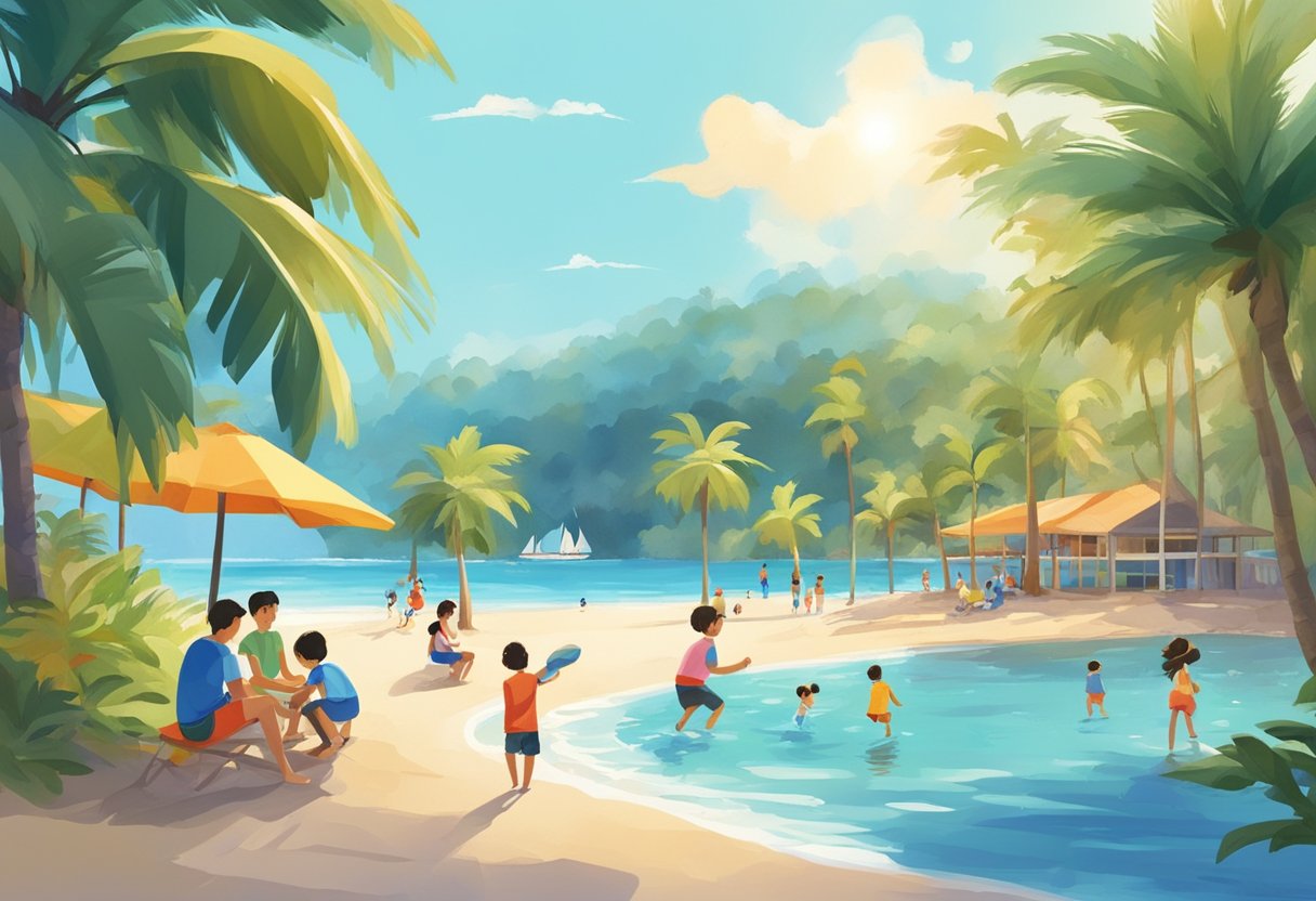 Children playing at a sunny beach, with palm trees and clear blue water, while families relax and enjoy the warm weather during Singapore school holidays