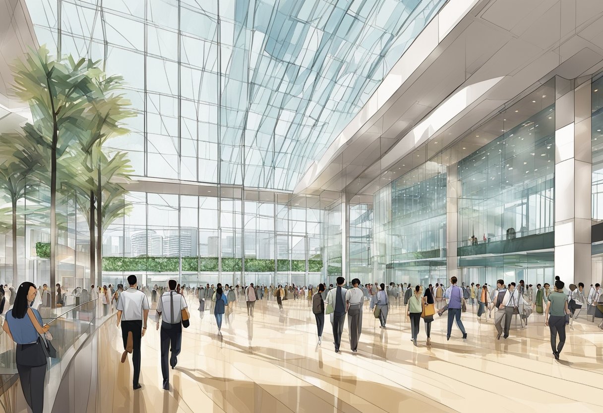 The Raffles City Convention Centre in Singapore bustles with activity as guests and delegates move through the modern and sleek interior, surrounded by glass walls and high ceilings