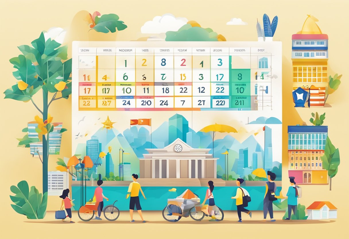 A colorful calendar with dates marked for school holidays in Singapore, surrounded by iconic symbols of the city-state