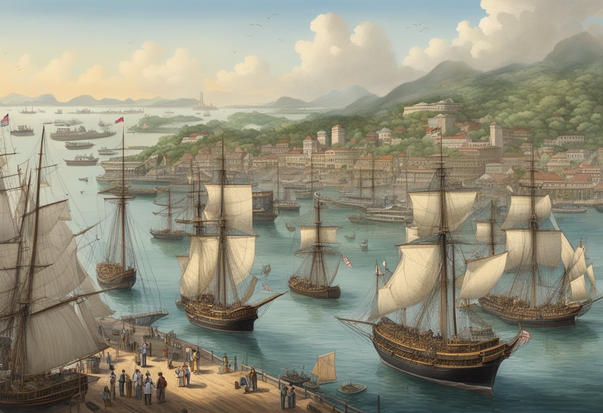Busy Singapore harbor in 1880, with tall ships, bustling docks, and exotic architecture lining the waterfront