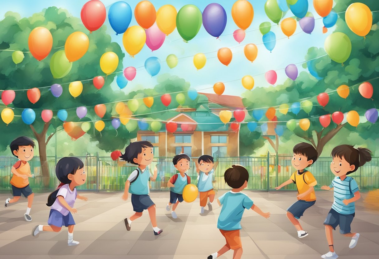 Children playing in a schoolyard decorated with festive banners and colorful balloons for a special event during Singapore school holidays