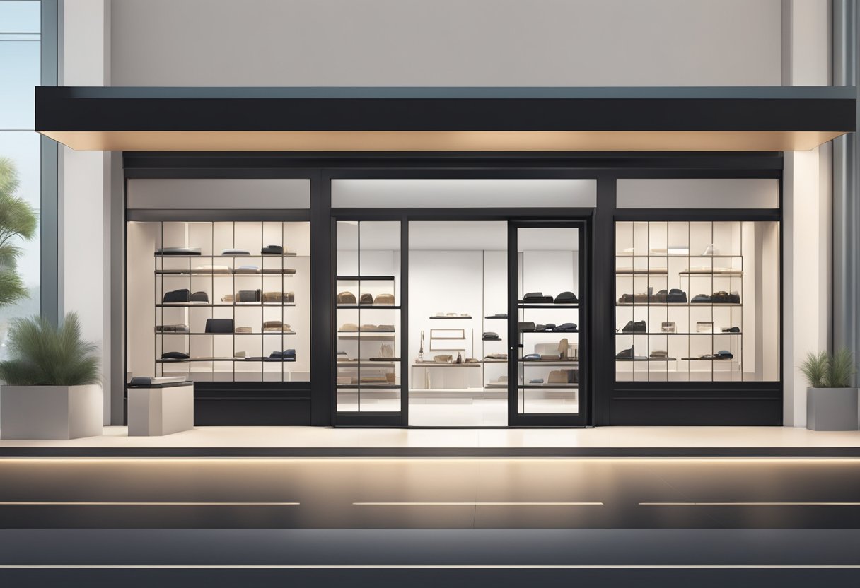 A sleek, modern storefront with minimalist design. A display of avant-garde eyewear and accessories. A welcoming entrance with soft lighting and a chic atmosphere