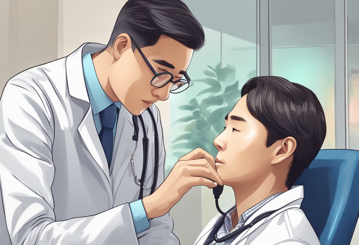 A doctor in a white coat examines a patient's ear with a medical instrument in a modern clinic in Singapore