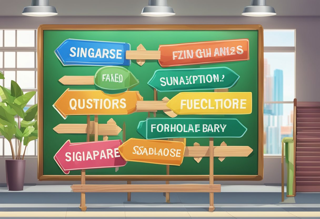 A colorful signboard with "Frequently Asked Questions" and "Singapore School Holidays" displayed prominently