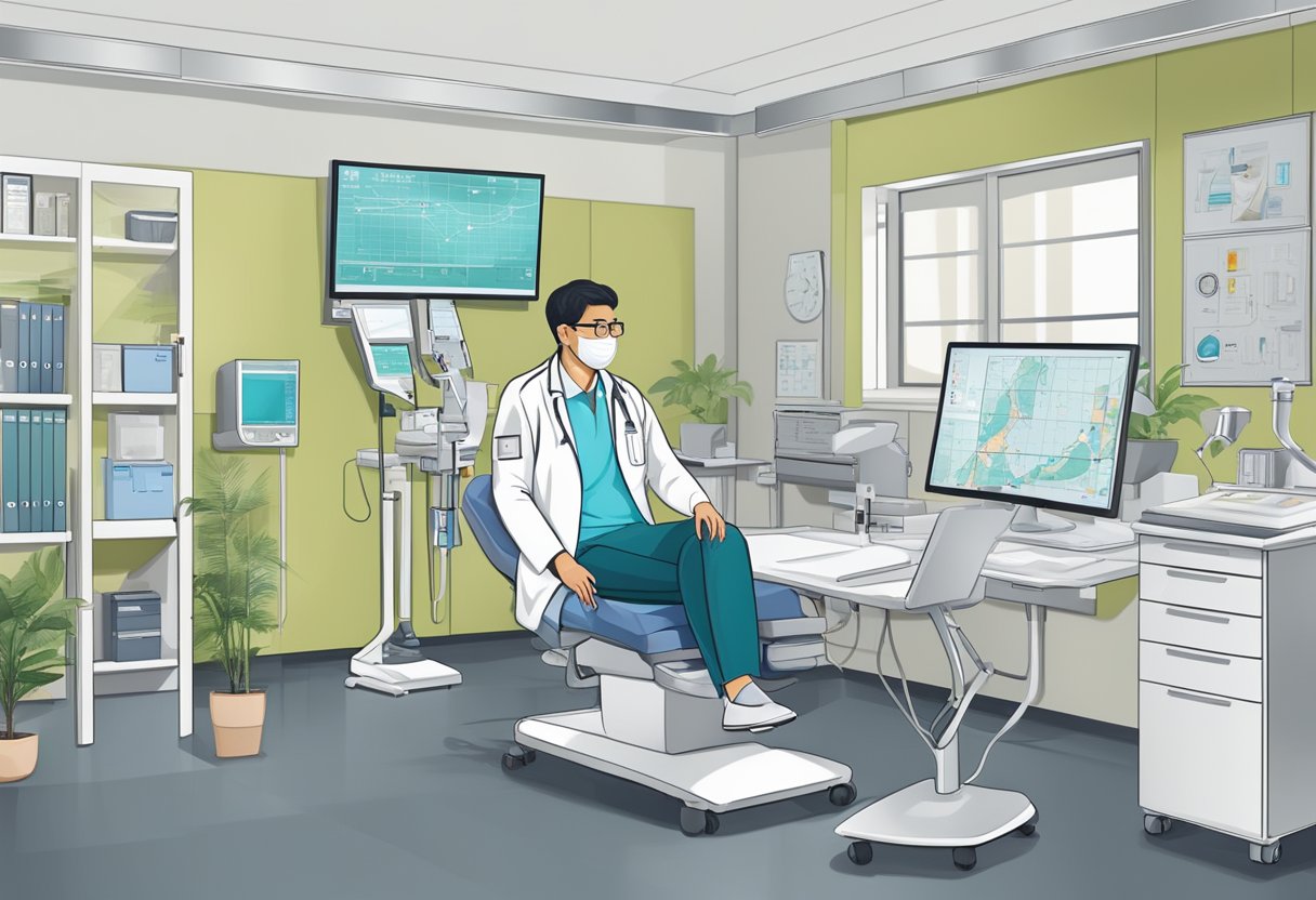 An ENT specialist in a modern Singapore clinic, surrounded by medical equipment and charts