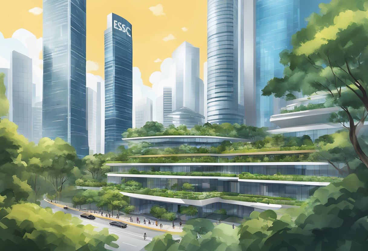 The iconic architecture of ESSEC Singapore stands tall against a backdrop of modern skyscrapers, surrounded by lush greenery and a bustling cityscape