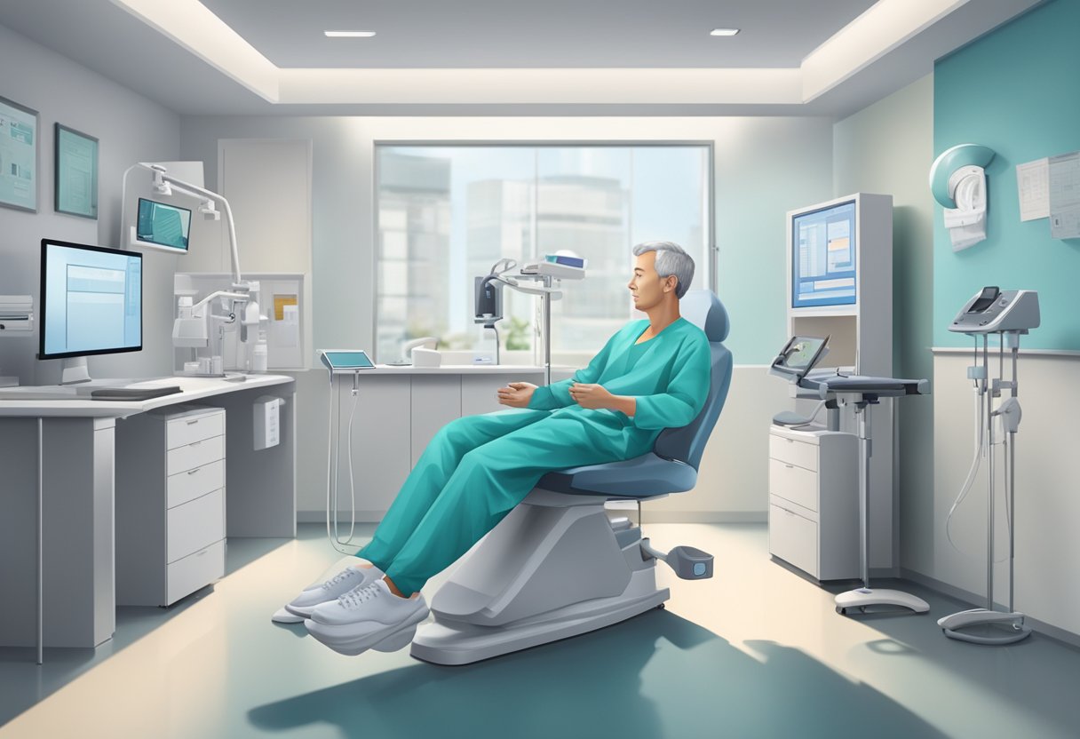 A patient sits in a modern ENT clinic in Singapore, surrounded by medical equipment and a professional specialist
