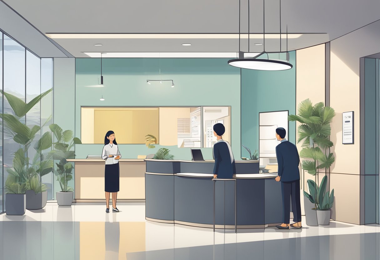 Patients waiting in a modern clinic lobby, with a receptionist at the desk. A sign reads "Frequently Asked Questions - ENT Specialist Singapore."