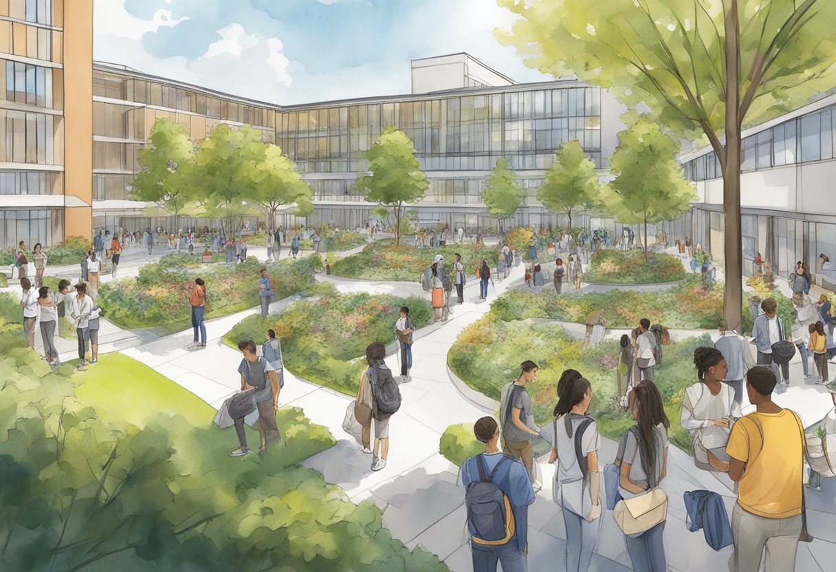 Students gather in the bustling campus courtyard, surrounded by modern buildings and lush greenery. A diverse array of student clubs and organizations set up booths, offering opportunities for involvement and personal growth