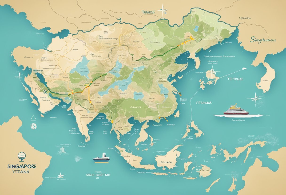A map of Singapore and Vietnam with highlighted travel route and key destinations