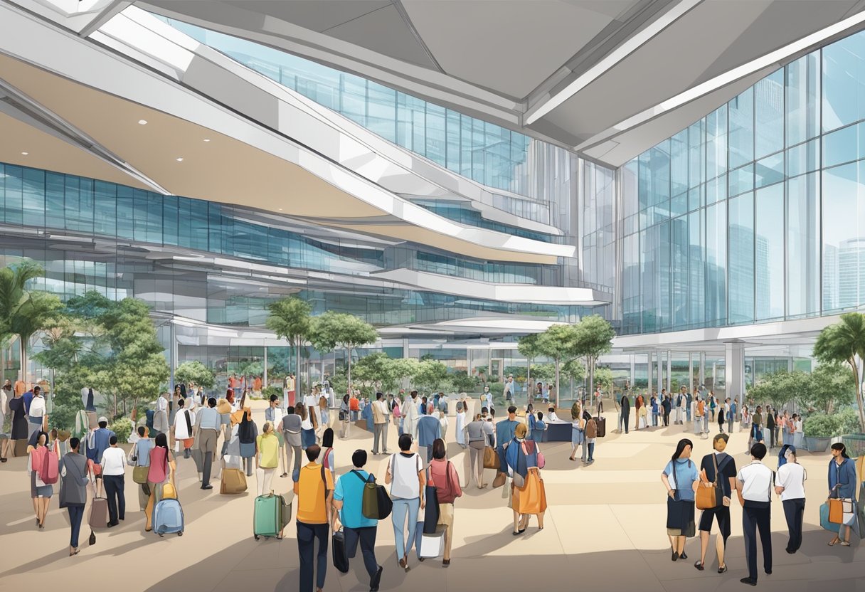 The Raffles City Convention Centre in Singapore bustles with attendees and staff, featuring modern facilities and a range of services