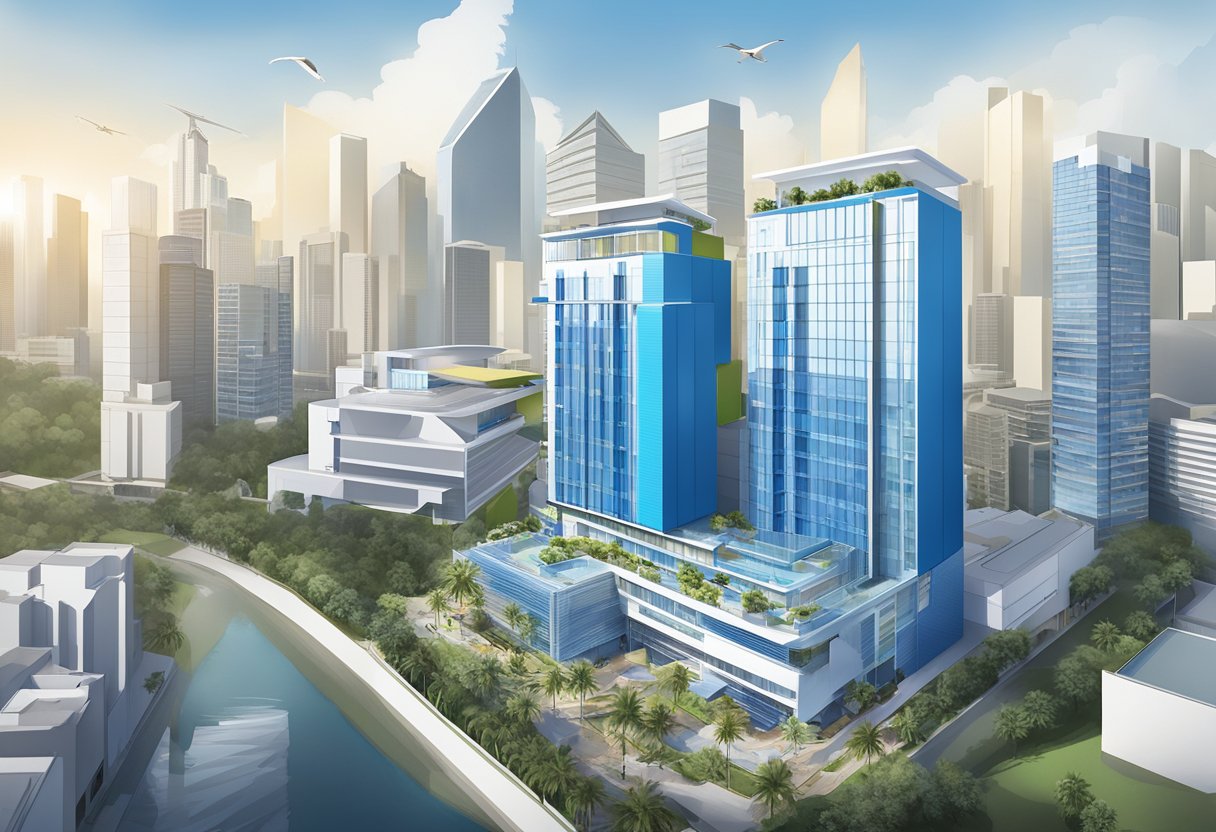 The ibis budget Singapore Sapphire hotel stands tall against the city skyline, with its sleek, modern design and vibrant blue accents