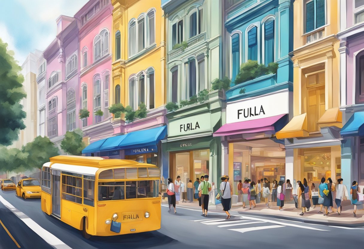 A bustling street in Singapore, with the iconic Furla storefront standing out among the colorful and vibrant surroundings