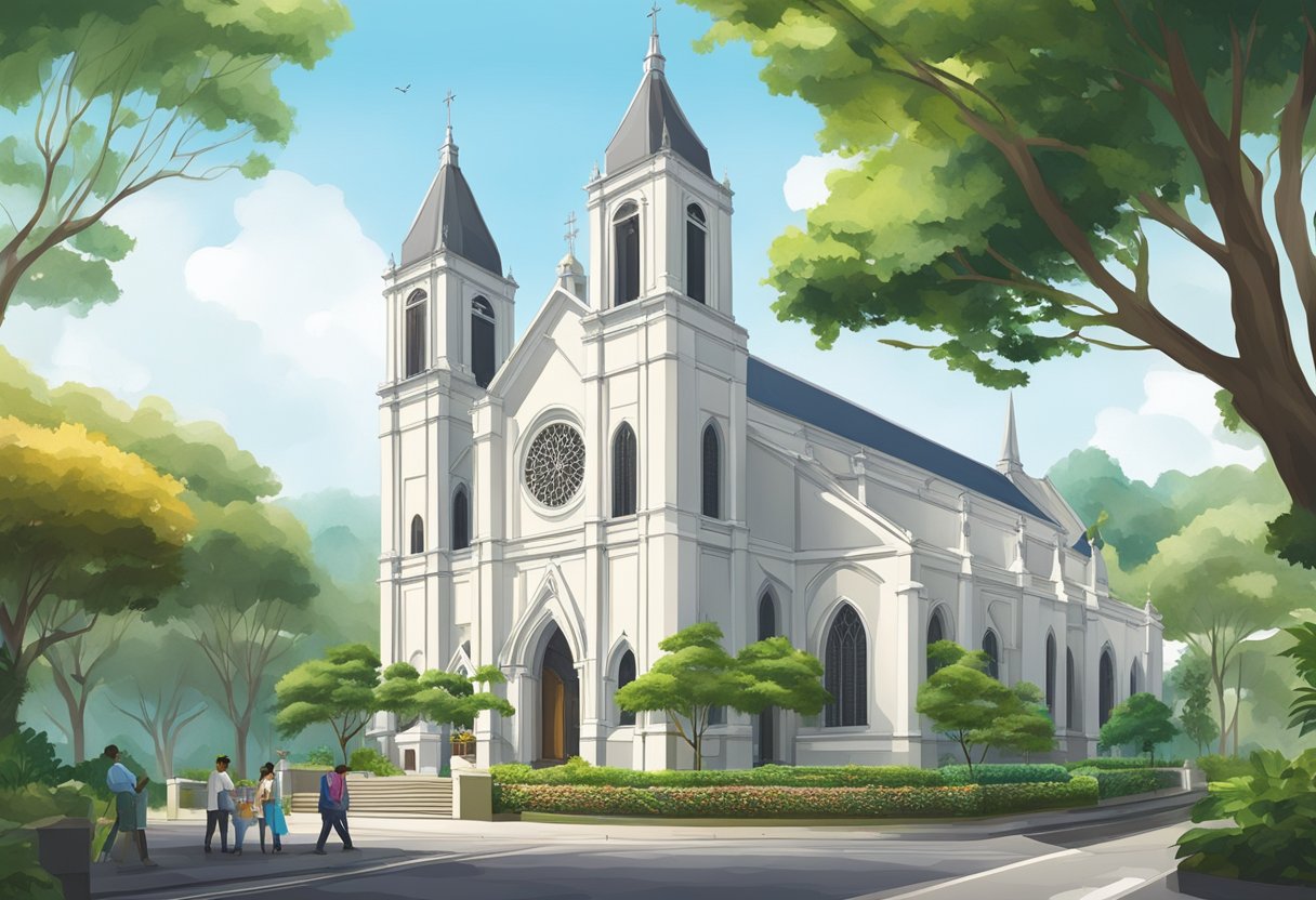 St. Joseph Church, Singapore: tall spire, intricate facade, lush greenery, peaceful courtyard