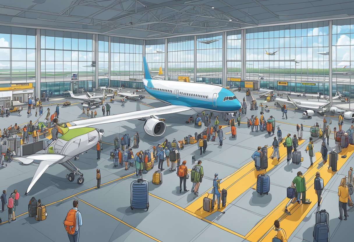 A bustling airport terminal with planes on the tarmac, luggage being loaded, and passengers lined up at the gates