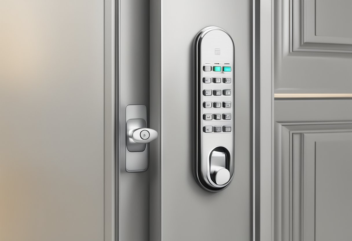 A digital lock mounted on a sleek, modern door in a Singaporean home, with a keypad and fingerprint scanner visible