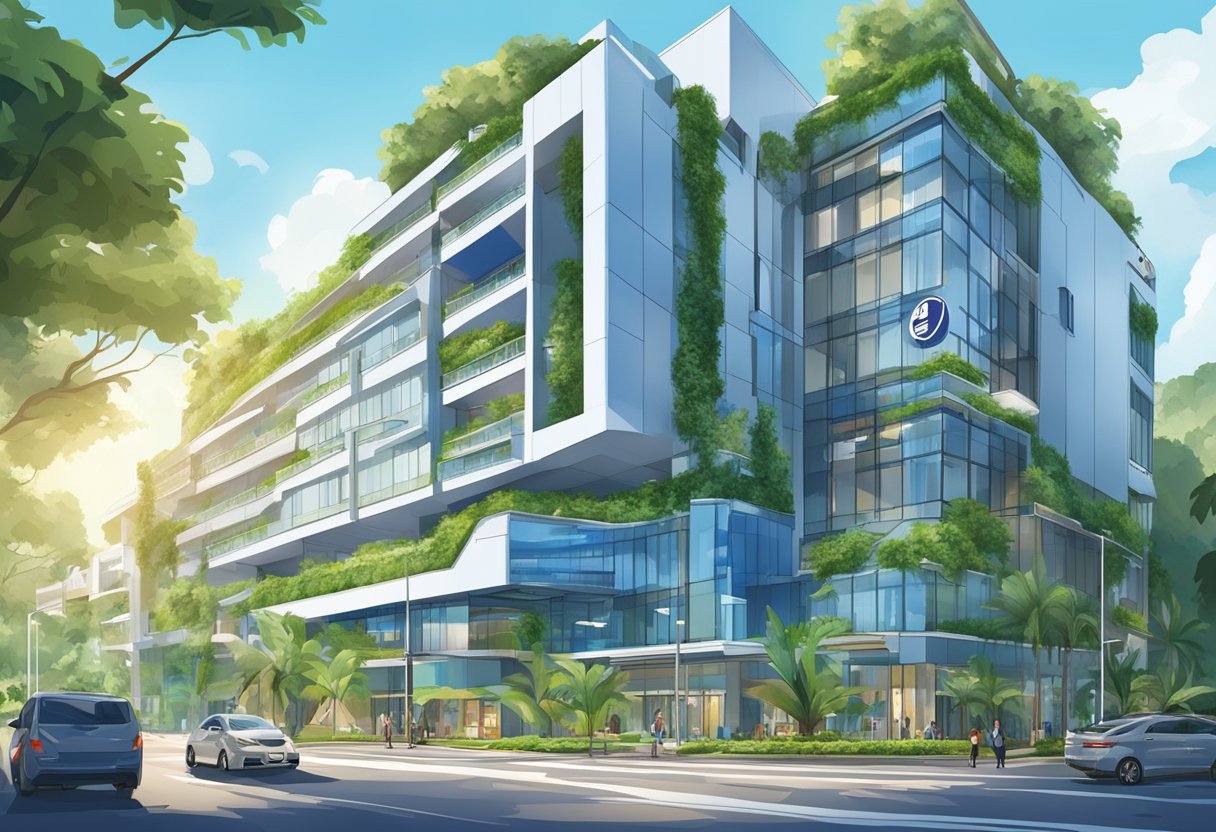 A modern building with the sign "ibis budget singapore sapphire" in bold letters, surrounded by lush greenery and a clear blue sky