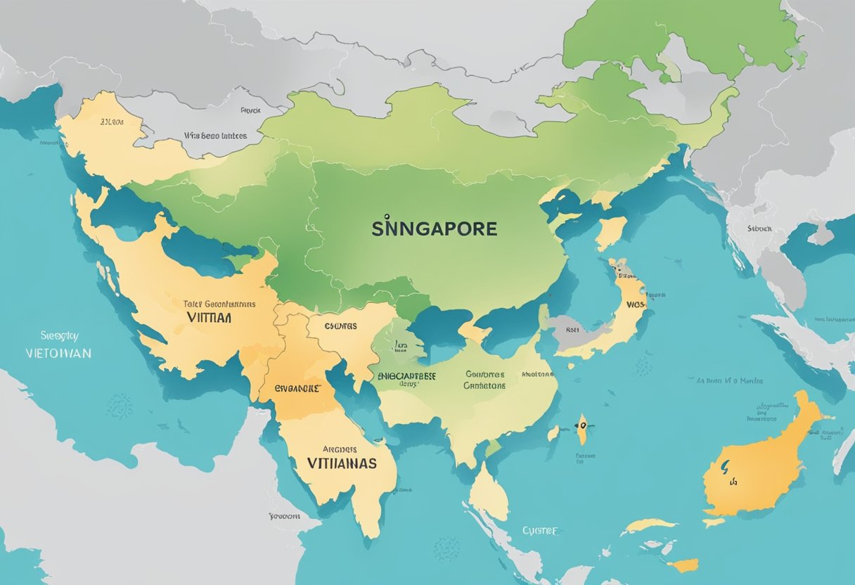 A map of Singapore and Vietnam with a question mark hovering between the two countries