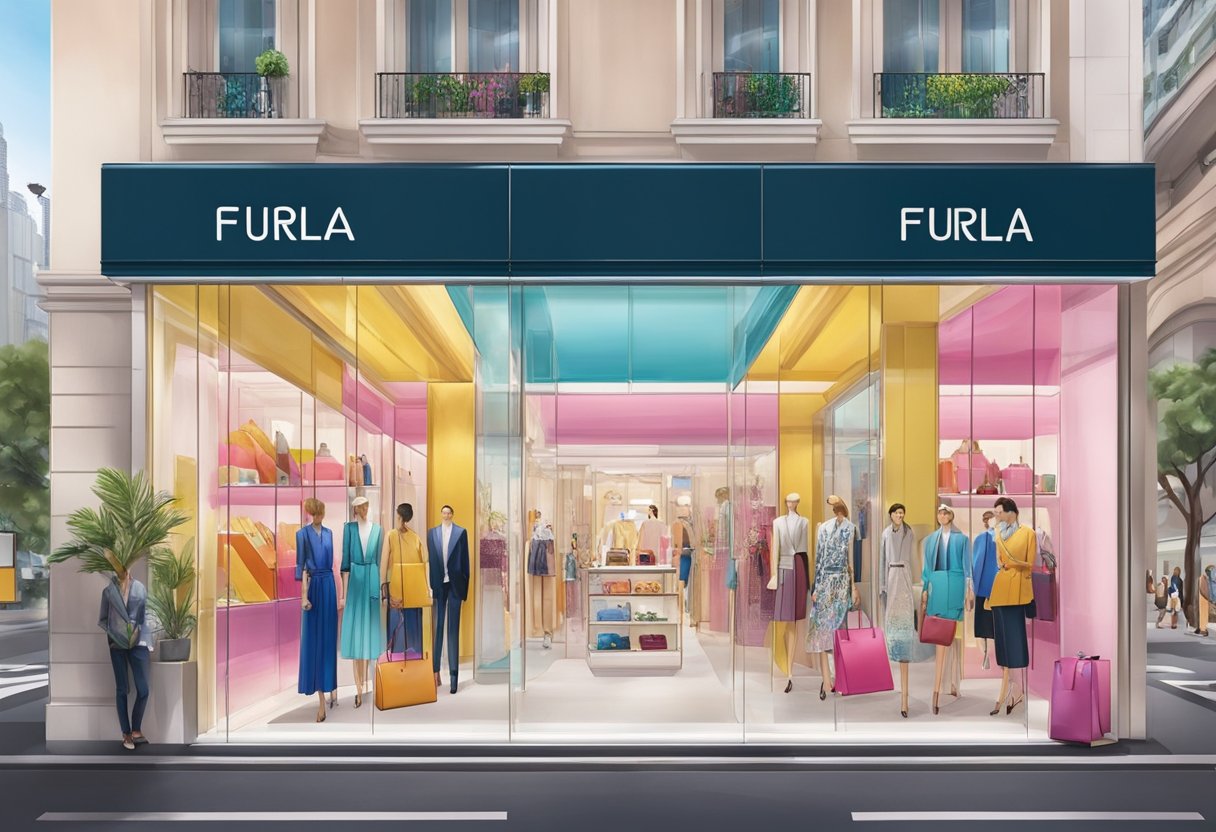 Vibrant storefront of Furla boutique in Singapore, surrounded by bustling cityscape and adorned with colorful displays