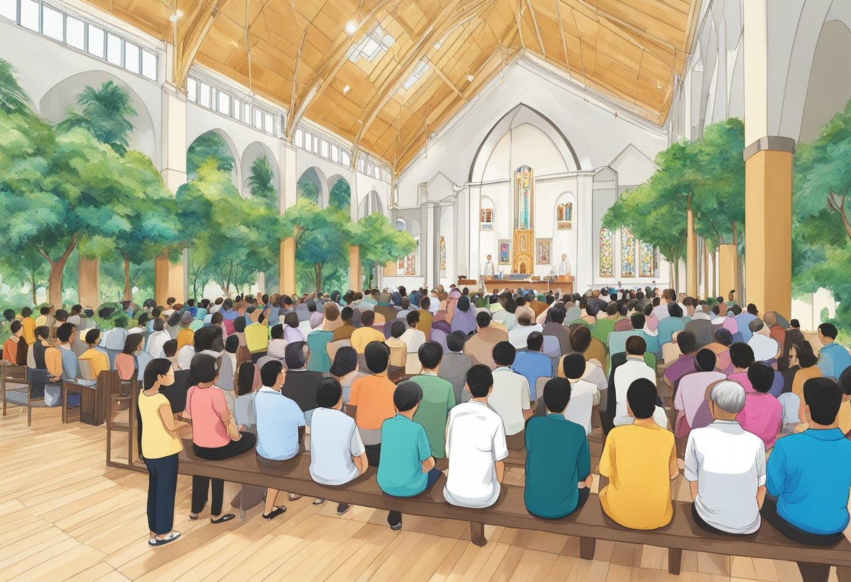 A vibrant community gathers at St. Joseph Church in Singapore for worship and fellowship. The church is filled with joyful voices and the sound of prayer