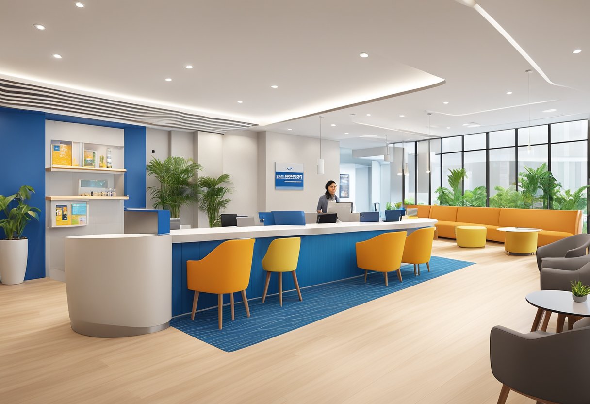 The lobby of ibis budget Singapore Sapphire is bright and modern, with sleek furniture and a welcoming reception desk. The hotel services and amenities are clearly displayed, and guests can be seen enjoying the comfortable environment