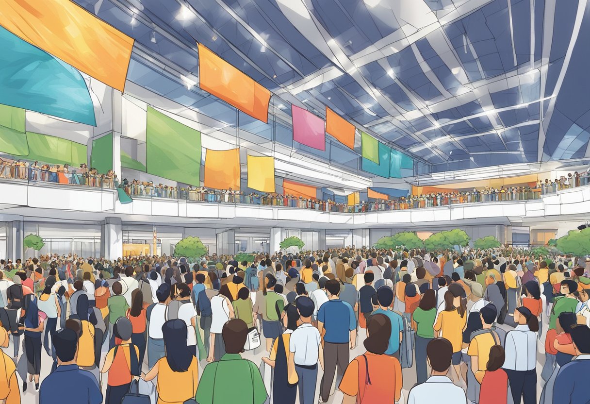 The bustling convention center in Singapore showcases the "Frequently Asked Questions" event with vibrant banners and a crowd of eager attendees