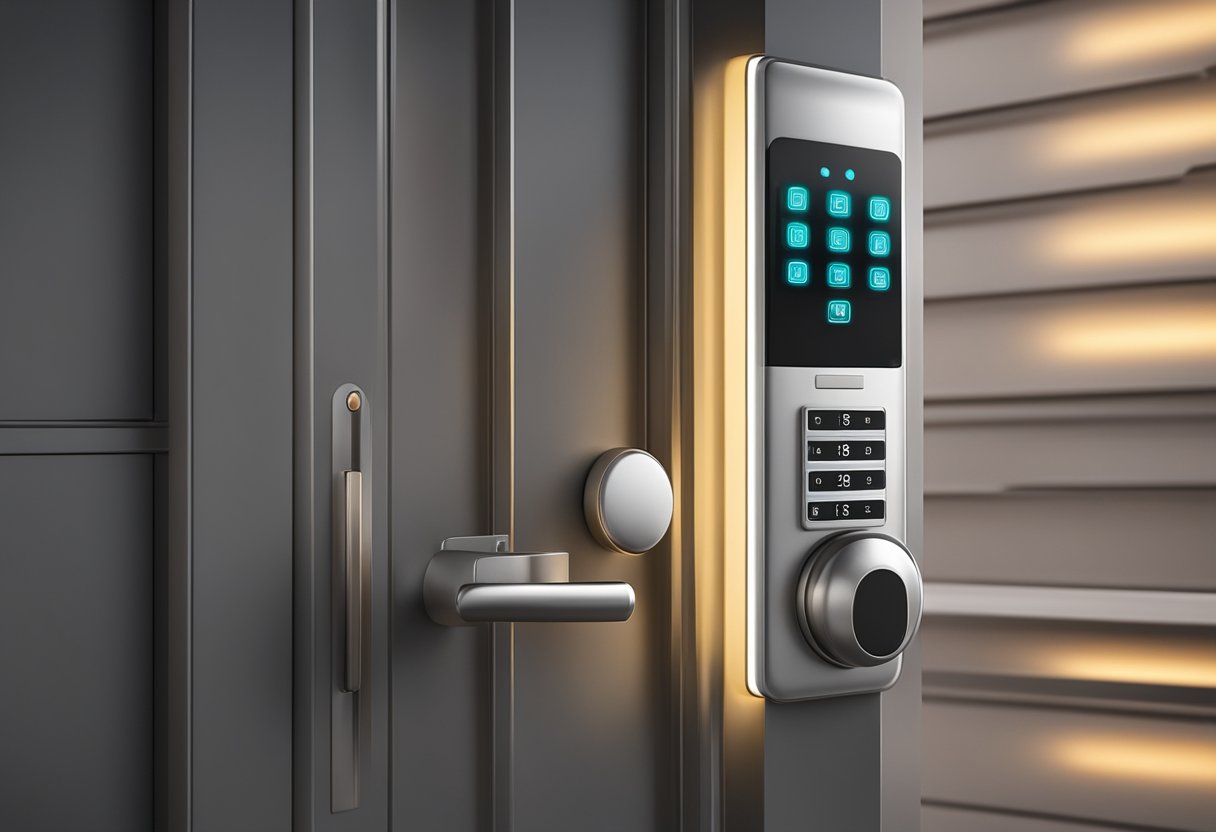 A digital lock on a modern door in Singapore. The sleek and futuristic design is illuminated by the soft glow of the keypad