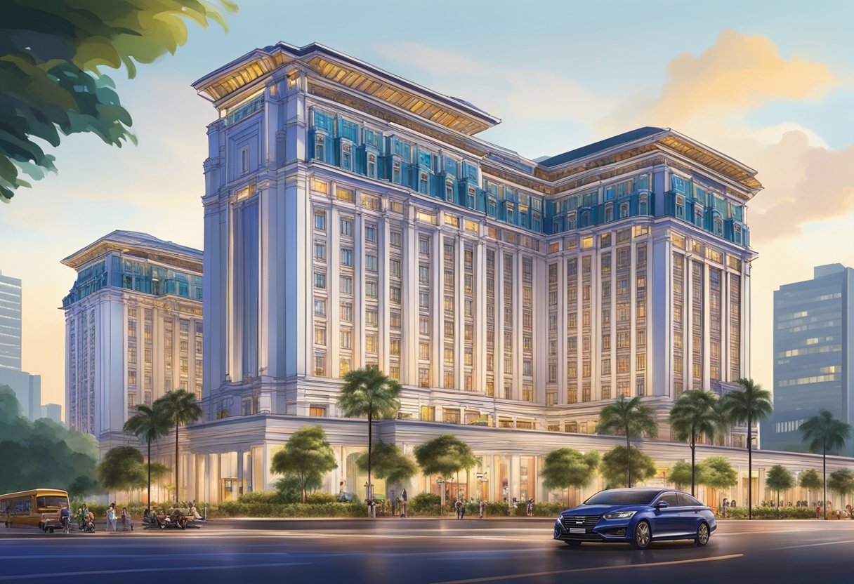 The Singapore 81 Hotel Palace stands tall against a vibrant city backdrop, with its modern architecture and sleek design. The surrounding area is bustling with activity, as people and vehicles move about, creating a lively atmosphere