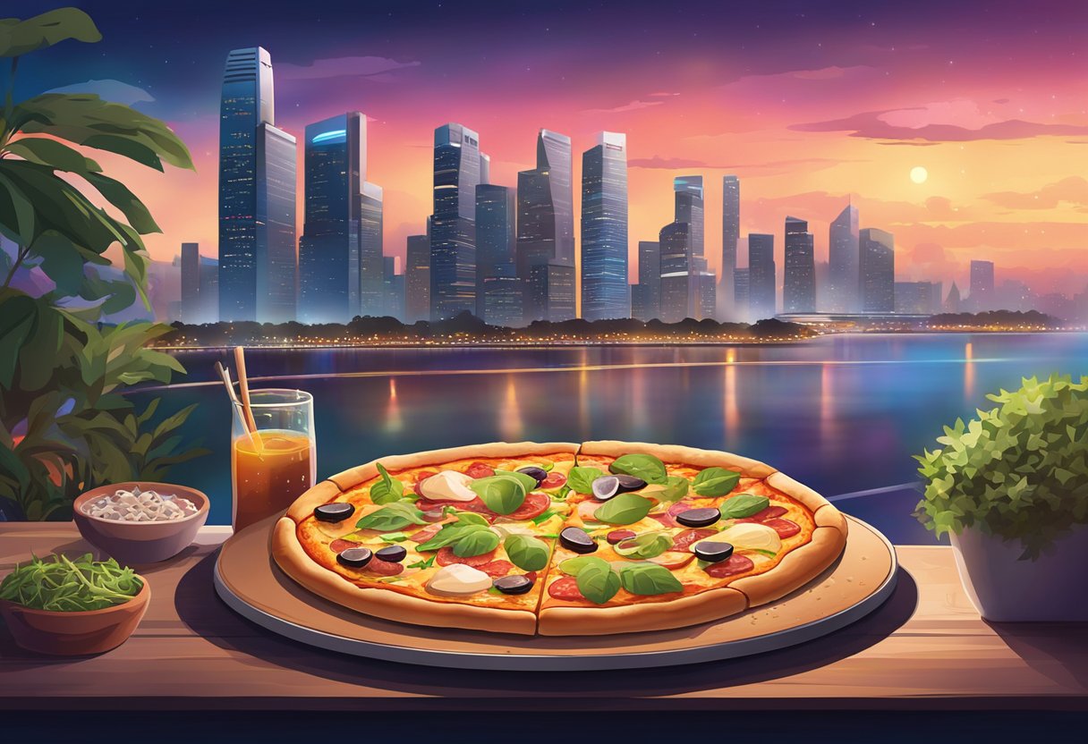 A steaming pizza sits on a table in a bustling Singapore restaurant, surrounded by colorful toppings and a backdrop of vibrant city lights