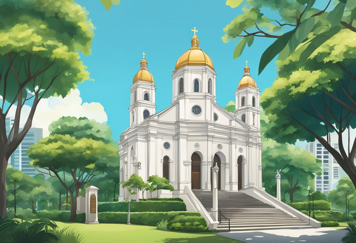 The St. Joseph Church in Singapore, with a prominent sign reading "Frequently Asked Questions," surrounded by lush greenery and a clear blue sky