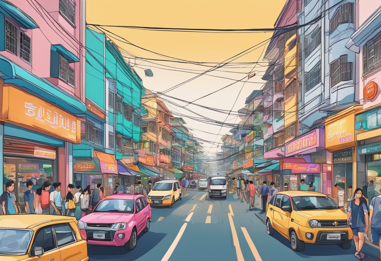 A bustling street in Geylang, Singapore, lined with colorful shophouses and neon signs, with people and cars moving through the lively scene