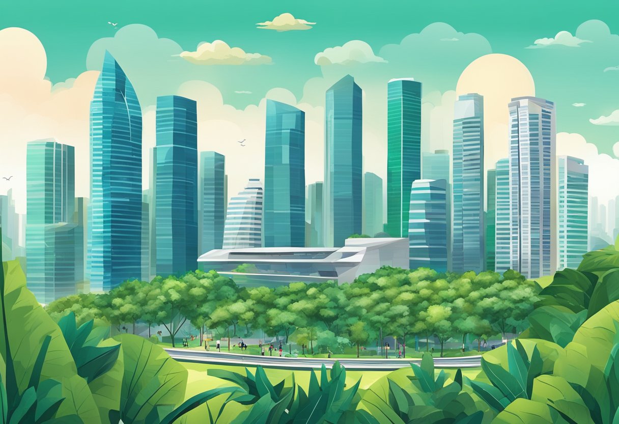 A bustling cityscape with modern skyscrapers and lush greenery, showcasing the vibrant real estate market in Singapore