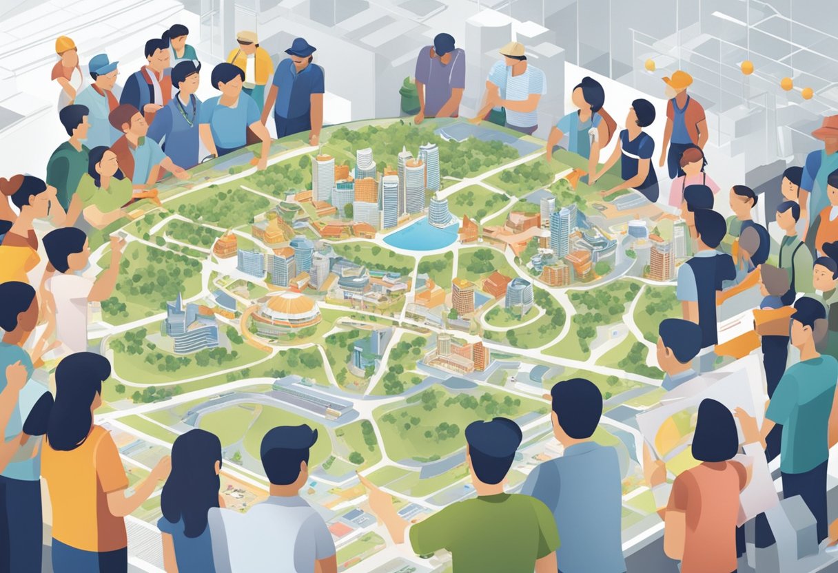 Visitors gather around a large map, pointing and discussing upcoming events at Singapore Expo. Tables are adorned with brochures and pamphlets