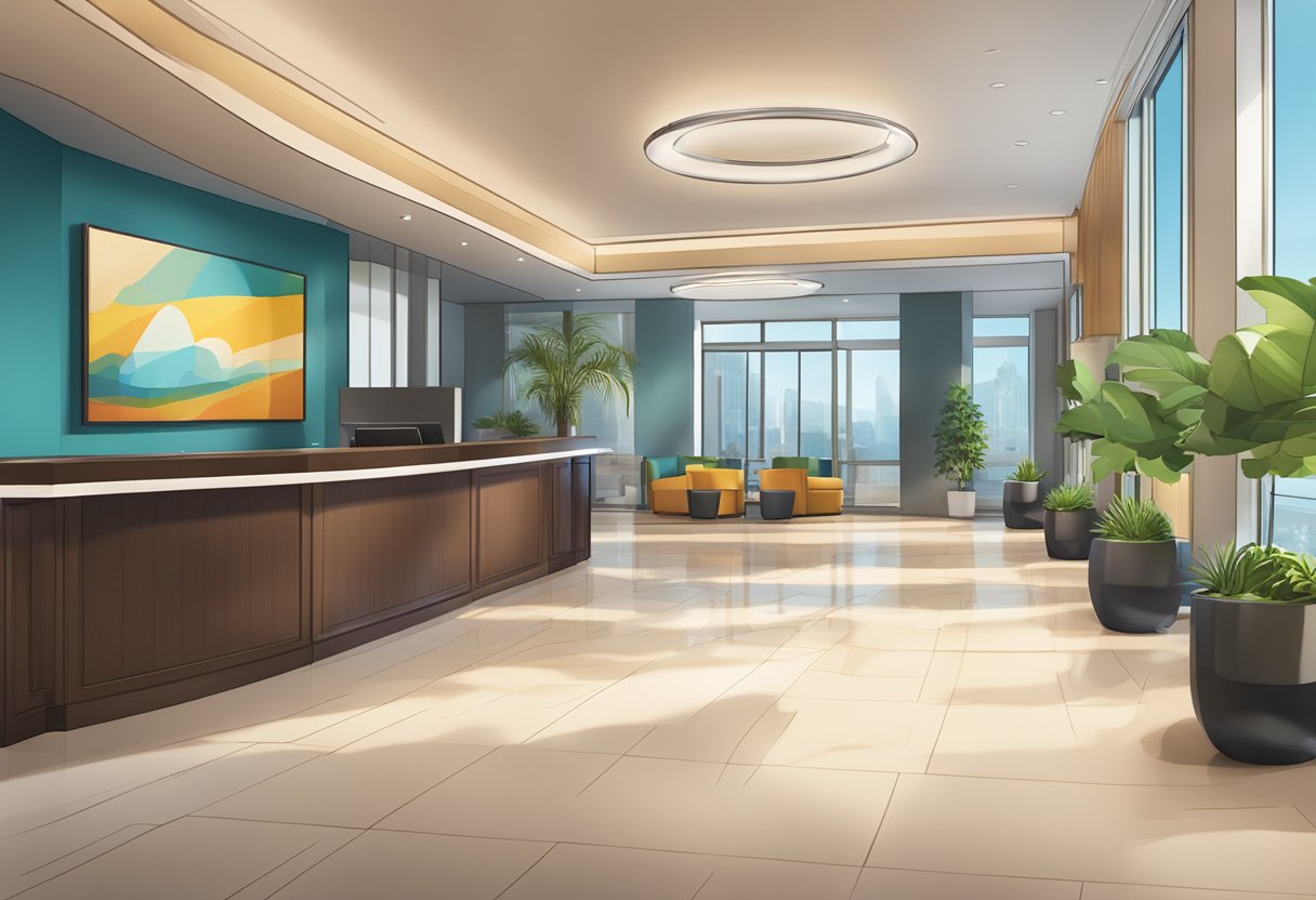 A vibrant hotel lobby with a sleek reception desk and modern decor. A sign prominently displays "Frequently Asked Questions" for guests