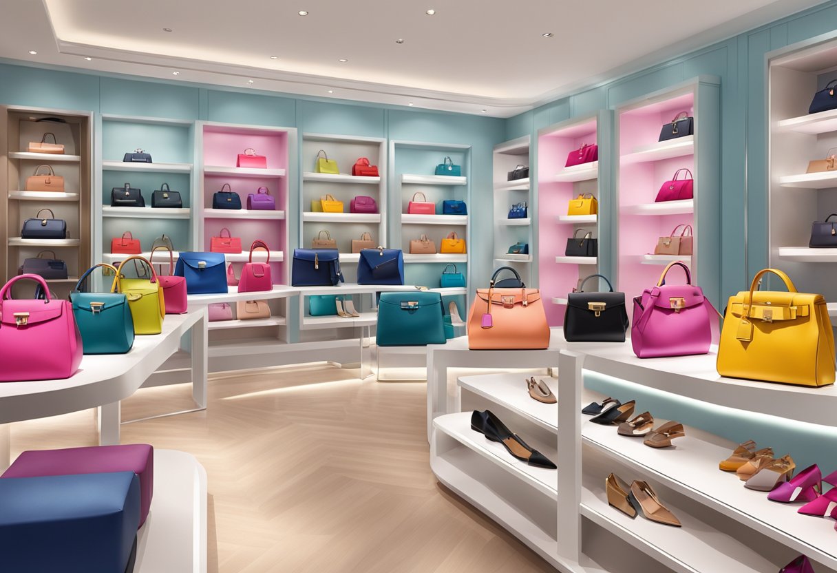 A colorful display of Furla handbags and accessories in a chic boutique setting, with elegant lighting and sleek modern decor