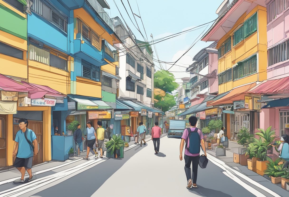 A person walks through the bustling streets of Geylang, passing by various hotels and taking in the vibrant atmosphere of the neighborhood
