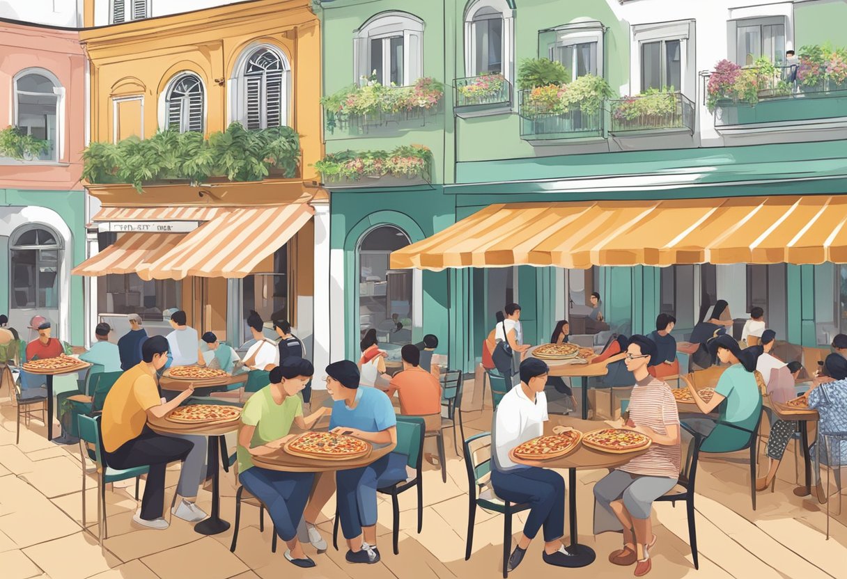 People enjoying various types of pizza at outdoor cafes in Singapore