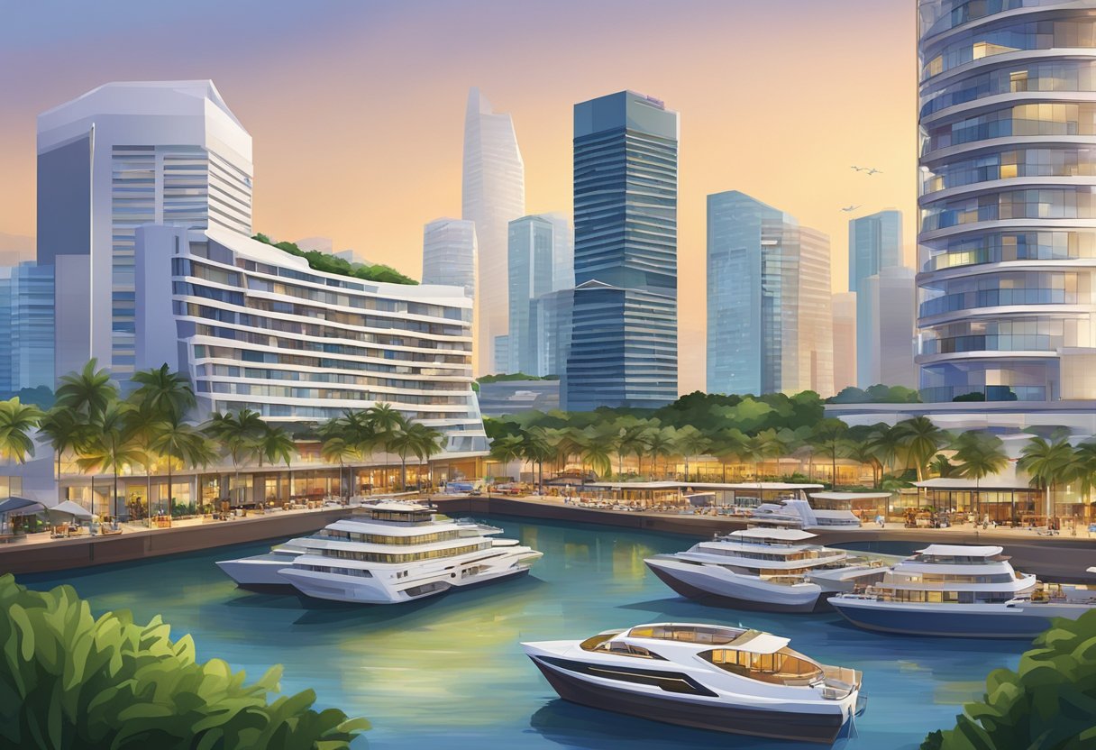 The Harbour Ville Hotel in Singapore, with its modern architecture and bustling city backdrop, overlooks the vibrant harbor filled with boats and ships