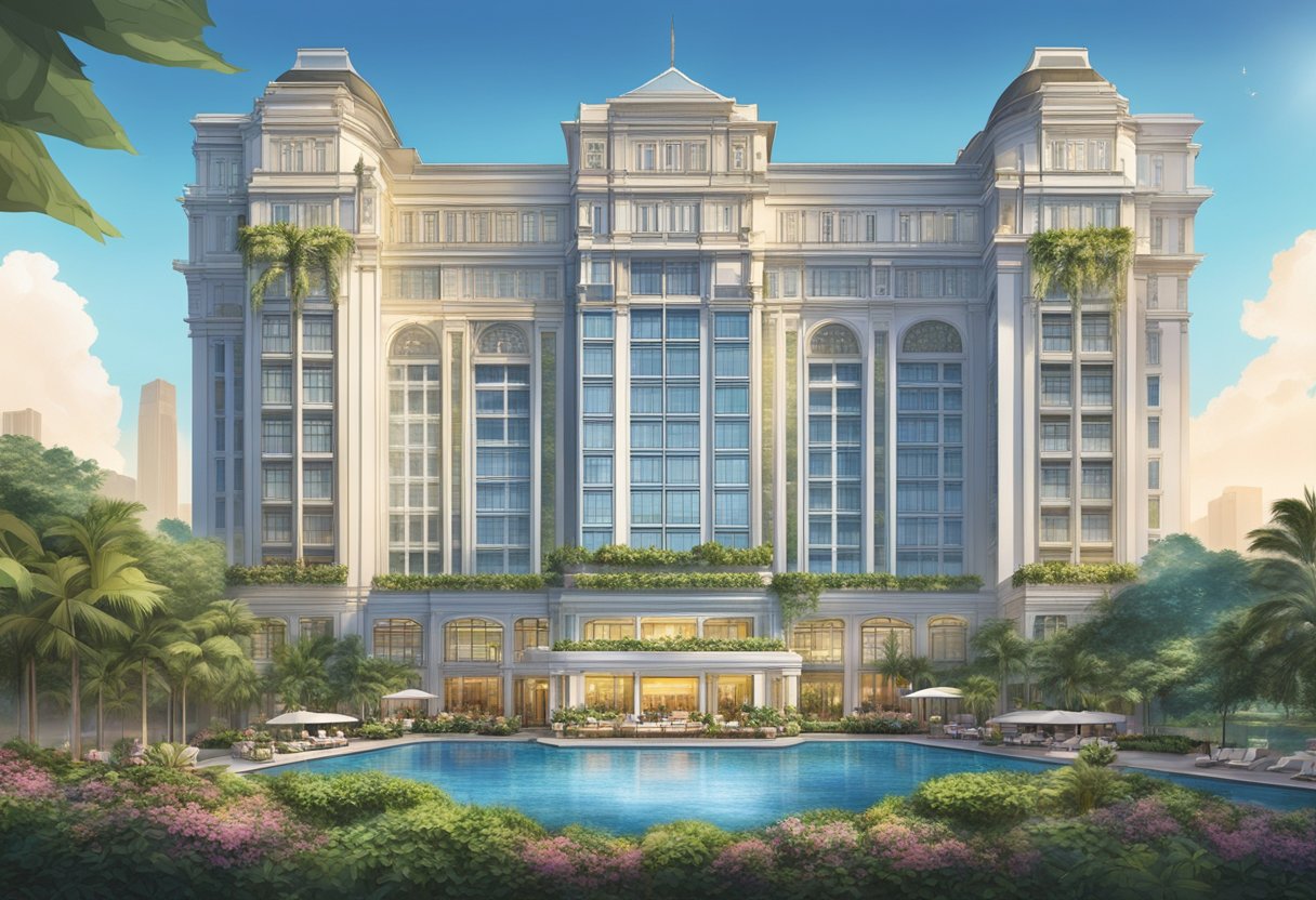 The grand facade of Singapore 81 Hotel Palace rises against the city skyline, with lush gardens and a sparkling pool in the foreground