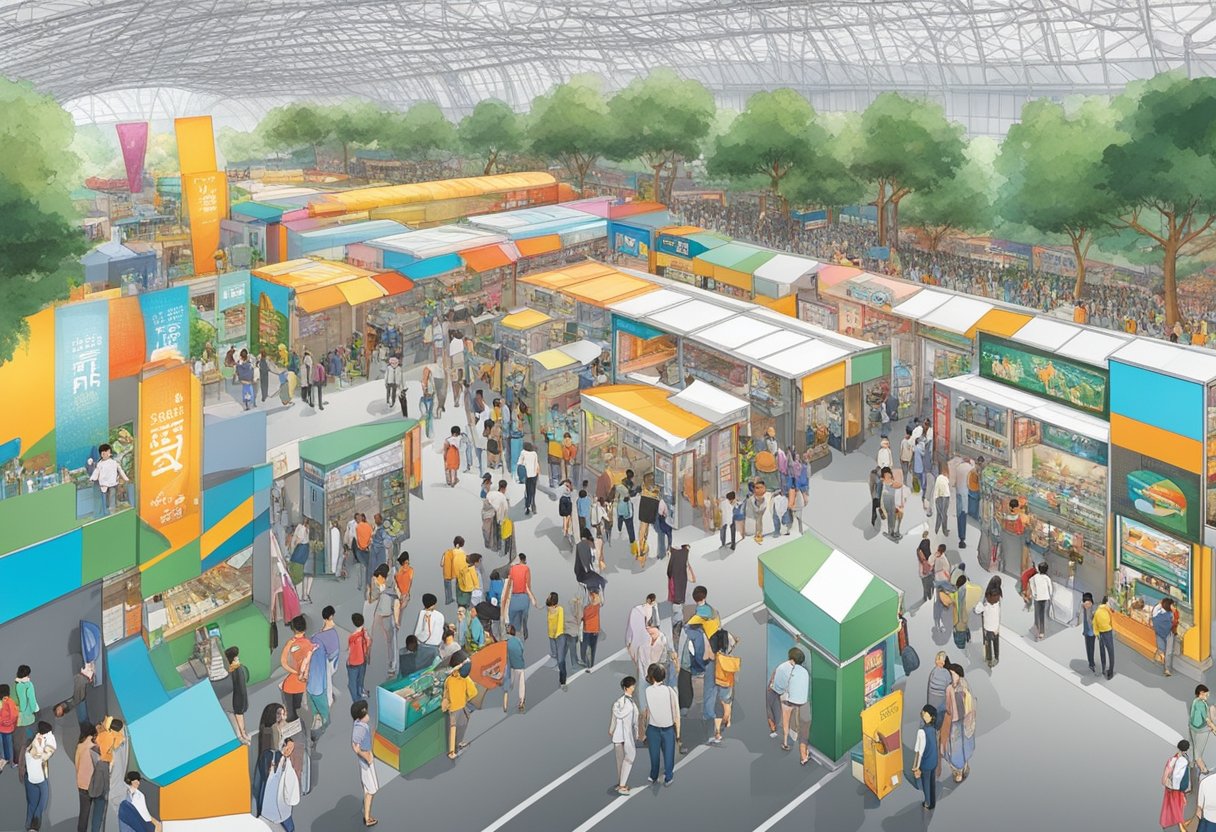 The bustling Singapore Expo, filled with vibrant event booths and colorful displays, draws in crowds of excited attendees