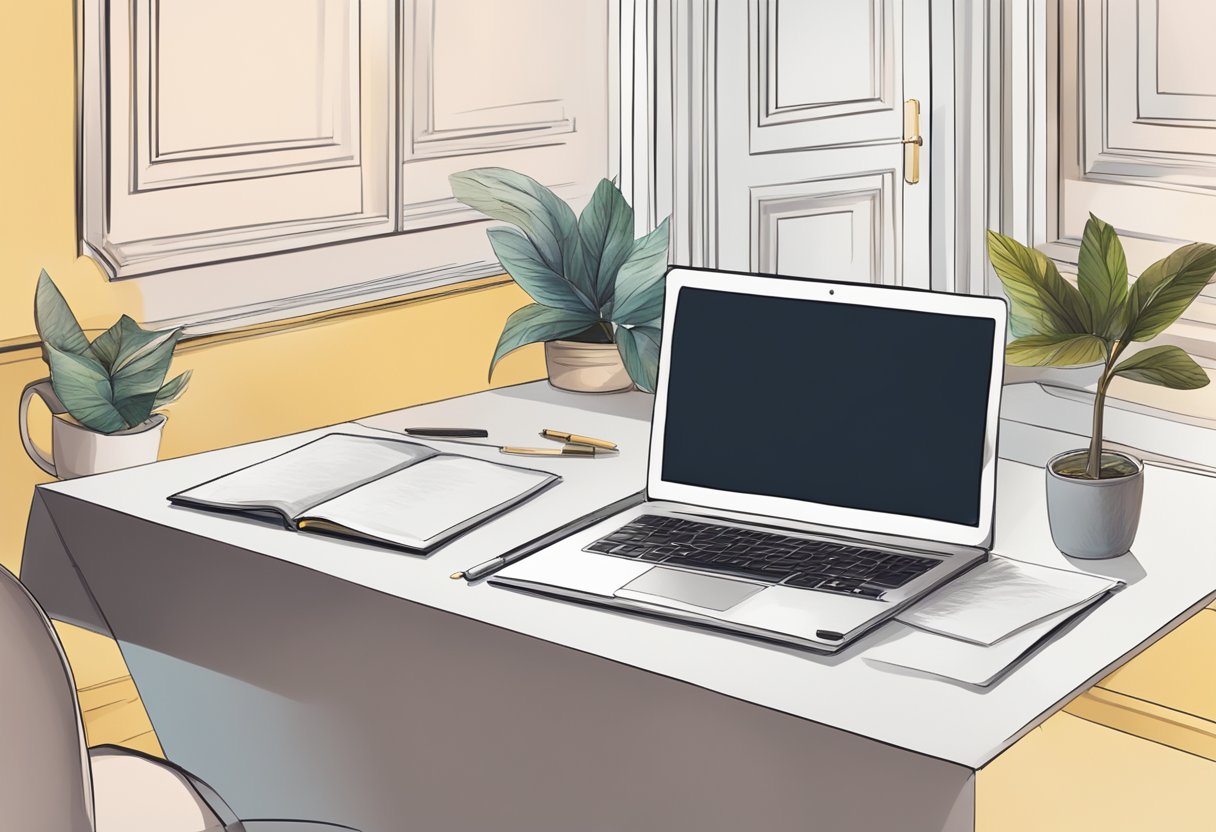 A table with a laptop, pen, and paper. A sign with "Frequently Asked Questions furla singapore" on the wall
